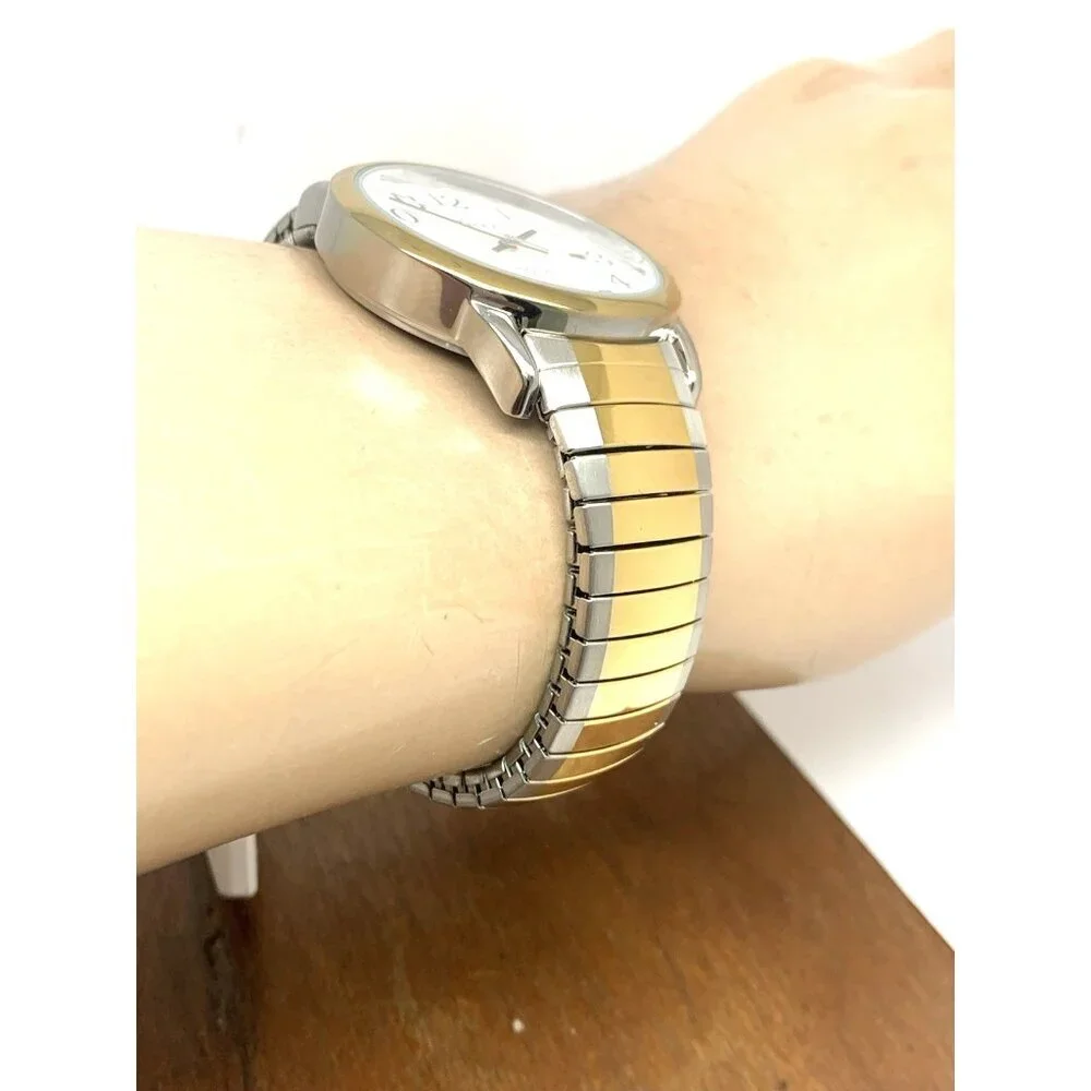 Timex Men's Watch T2H311 Indiglo White Dial Quartz Two Tone Expansion Band 35mm